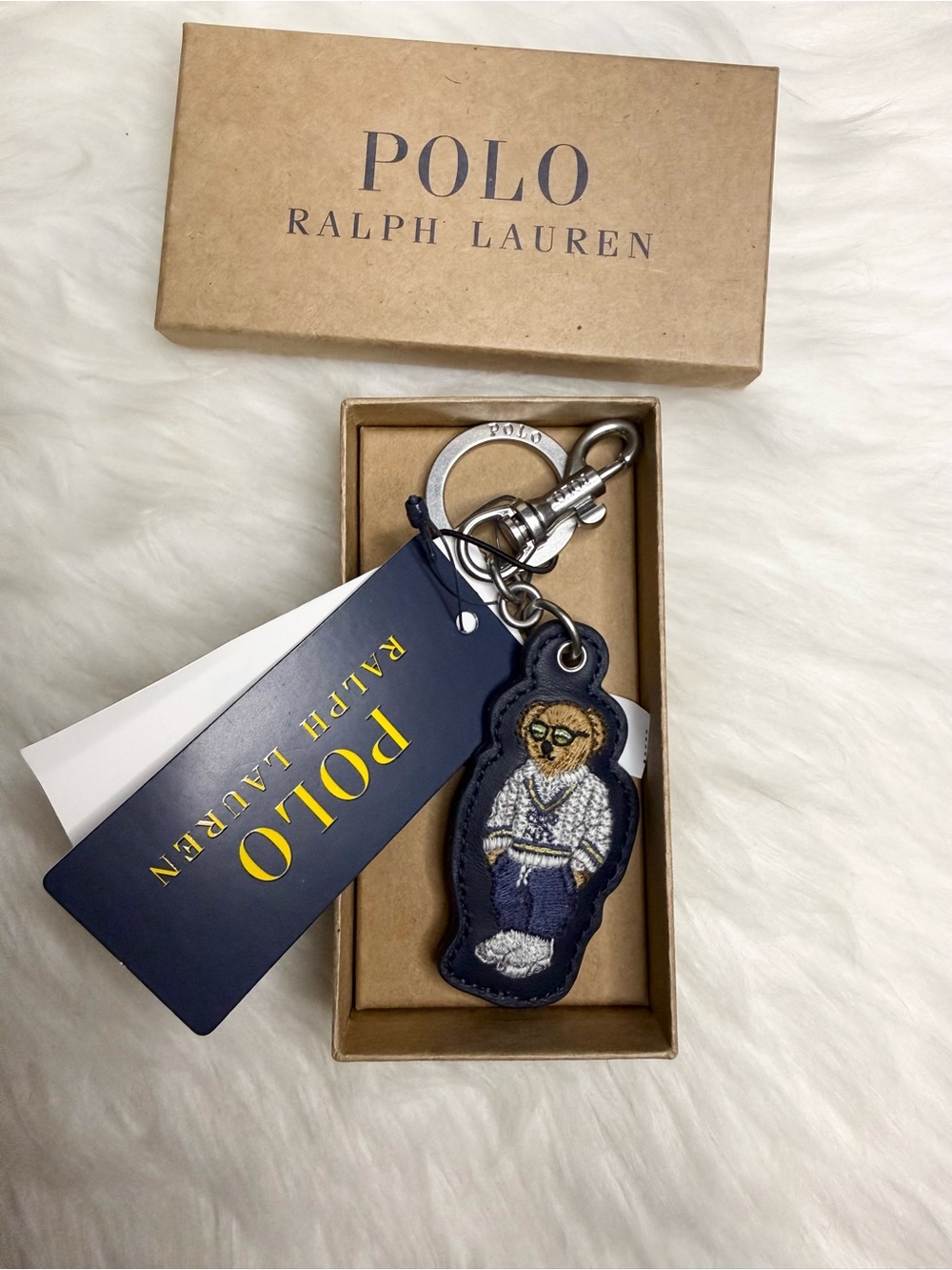 NEW Polo Ralph Lauren PREPPY TENNIS BEAR LEATHER Key Ring Keychain NAVY BLUE